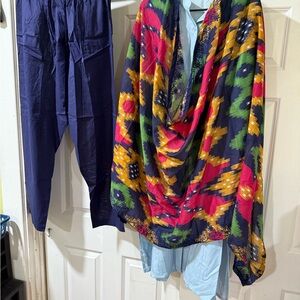 Colorful Patterned Shawl and Blue Pants Set